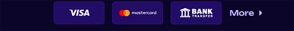 Payment methods section displaying Visa, Mastercard, and bank transfer options with a “More” button on a dark background
