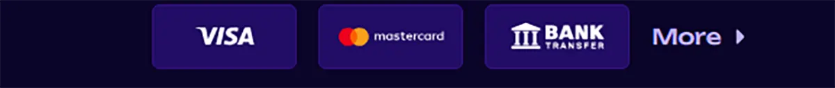 Payment methods section displaying Visa, Mastercard, and bank transfer options with a “More” button on a dark background