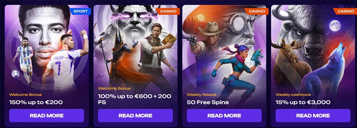 Casino promotions section displaying multiple bonus offers including sports welcome bonus 150% up to €200, casino welcome bonus 100% up to €600 with 200 free spins, weekly reload with 50 free spins, and weekly cashback 15% up to €3,000 on a dark themed interface
