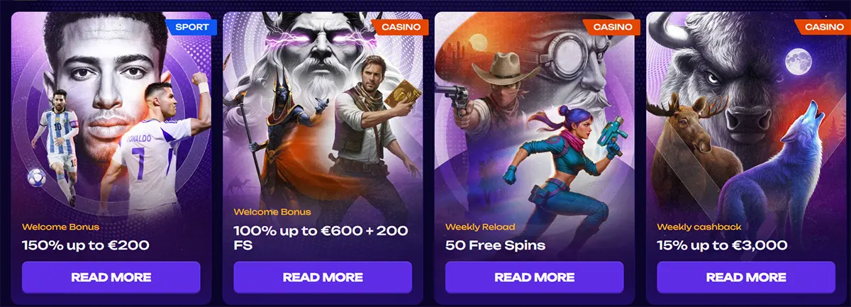 Casino promotions section displaying multiple bonus offers including sports welcome bonus 150% up to €200, casino welcome bonus 100% up to €600 with 200 free spins, weekly reload with 50 free spins, and weekly cashback 15% up to €3,000 on a dark themed interface