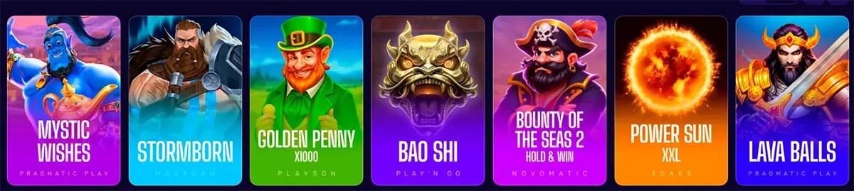 Online casino game selection showing slot titles including Mystic Wishes, Stormborn, Golden Penny, Bao Shi, Bounty of the Seas 2, Power Sun, and Lava Balls with colorful themed icons on a dark interface