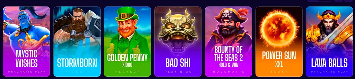Online casino game selection showing slot titles including Mystic Wishes, Stormborn, Golden Penny, Bao Shi, Bounty of the Seas 2, Power Sun, and Lava Balls with colorful themed icons on a dark interface