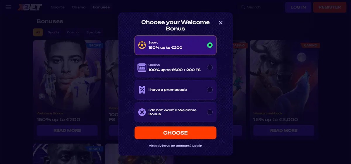 Welcome bonus selection popup showing sports bonus 150% up to €200 and casino bonus 100% up to €600 with 200 free spins, including promo code option and no bonus choice on a dark themed betting website