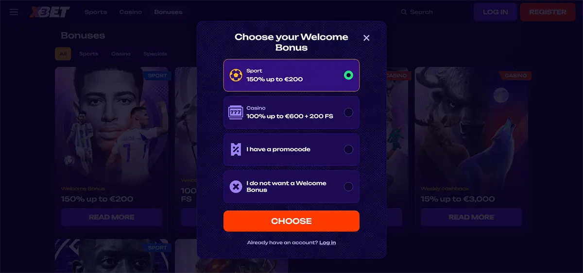 Welcome bonus selection popup showing sports bonus 150% up to €200 and casino bonus 100% up to €600 with 200 free spins, including promo code option and no bonus choice on a dark themed betting website